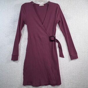 Altard State Womens Ribbed Knit Wrap Mini Dress Plum Purple Long Sleeve Size M
